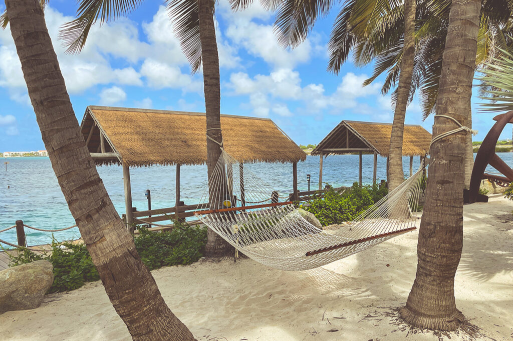 Hammock hanging between two palm trees in Oranjestad, which beach is best in Aruba?